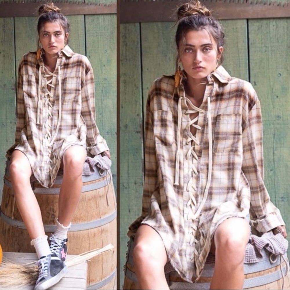 973. POL Plaid Lace-Up Shirt Tunic, western boho festival - Picture 3 of 9